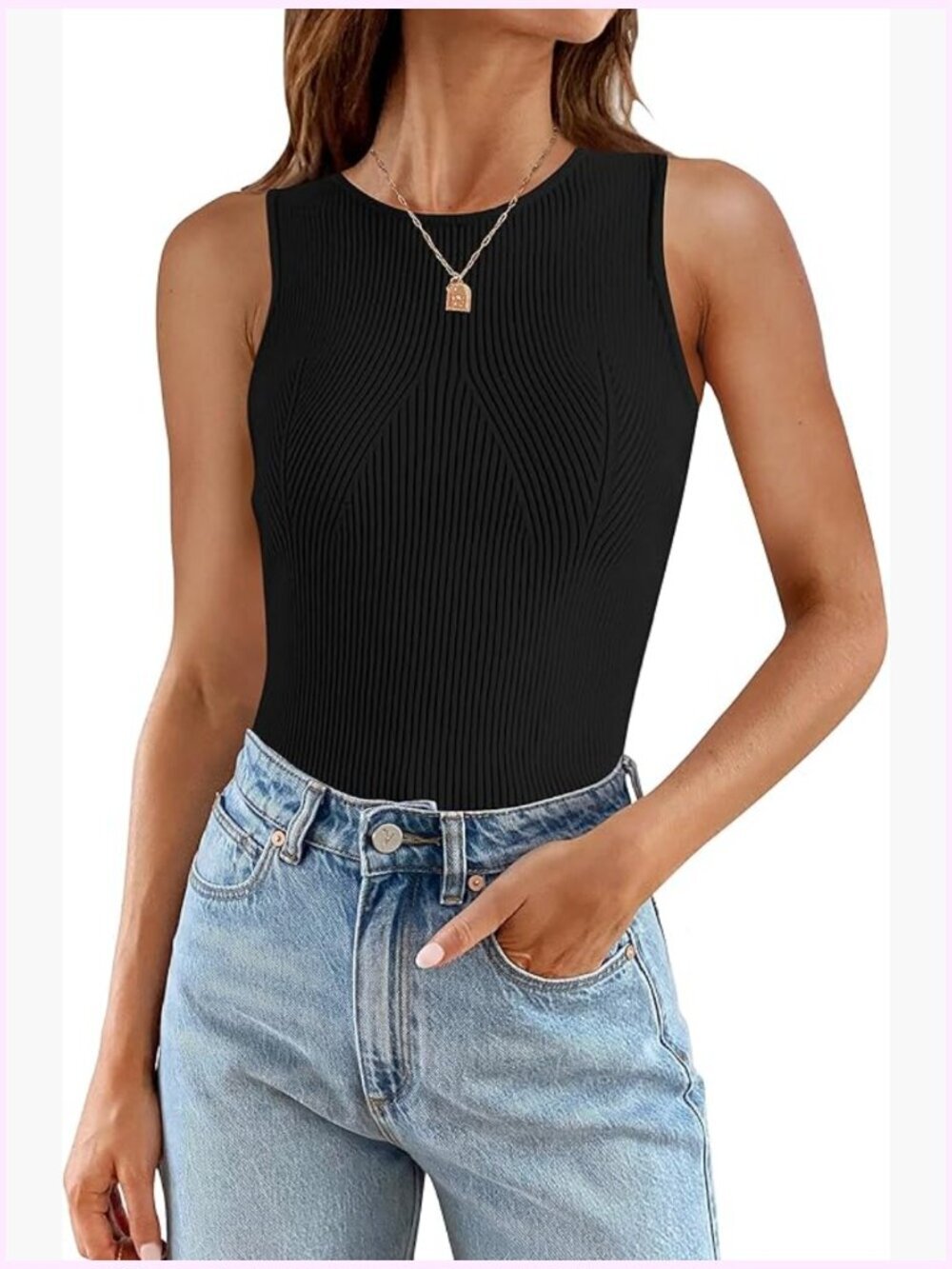 Ribbed Tank Top Sleeveless High Neck Slim Fitted Knit Cami for Layering